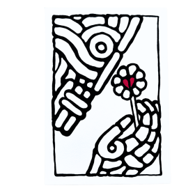 Œuvre sur papier noir et blanc avec un cœur rouge