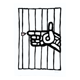 Œuvre sur papier noir et blanc avec un cœur rouge