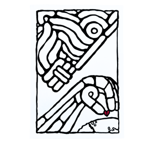 Œuvre sur papier noir et blanc avec un visage et un cœur rouge.