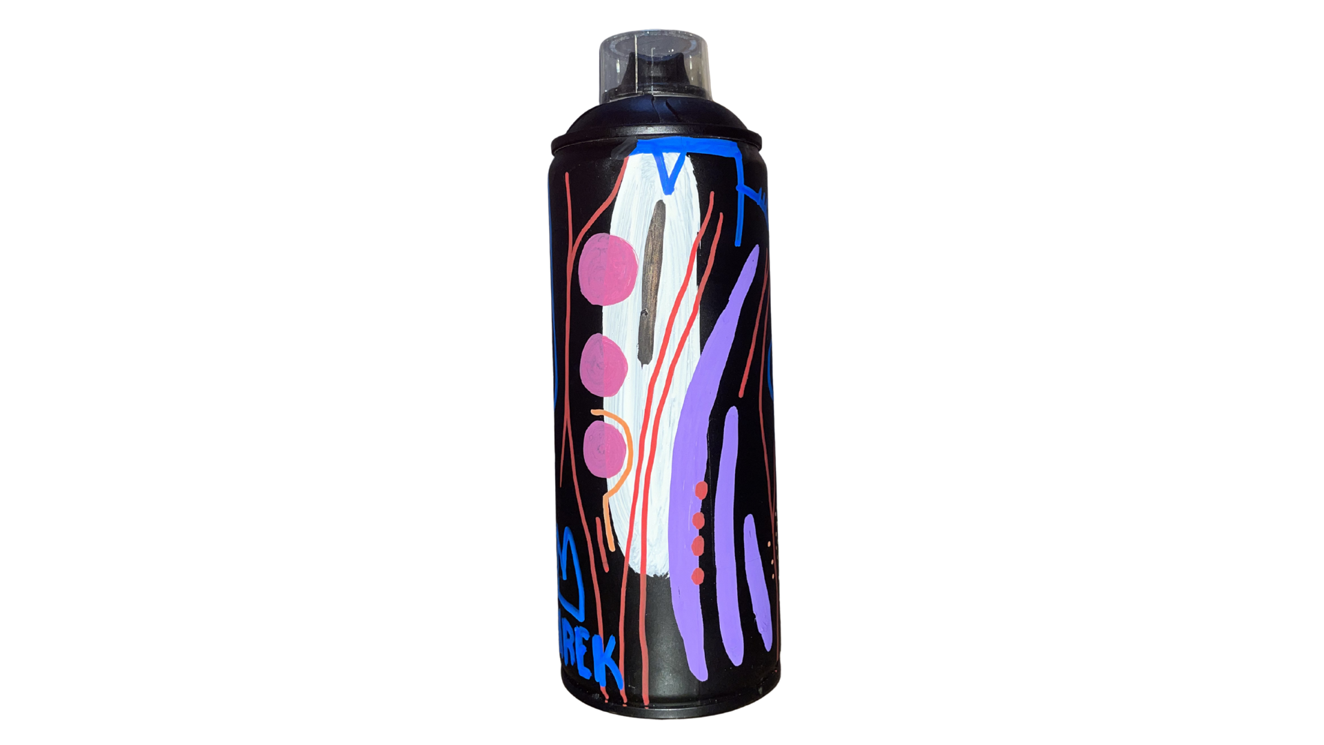 Bombe peinte sur fond noir avec formes rose, mauve, blanche et orange