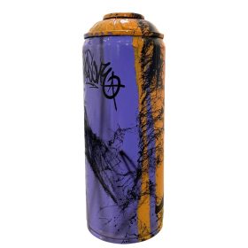 Bombe peinte en orange et mauve avec formes dessinées en noir