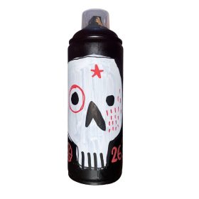 Bombe peinte en noir avec visage de squelette et détails rouge