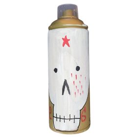 Bombe peinte en forme de visage de squelette blanc avec écritures beige, rose et mauve