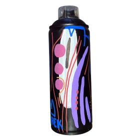 Bombe peinte sur fond noir avec formes rose, mauve, blanche et orange