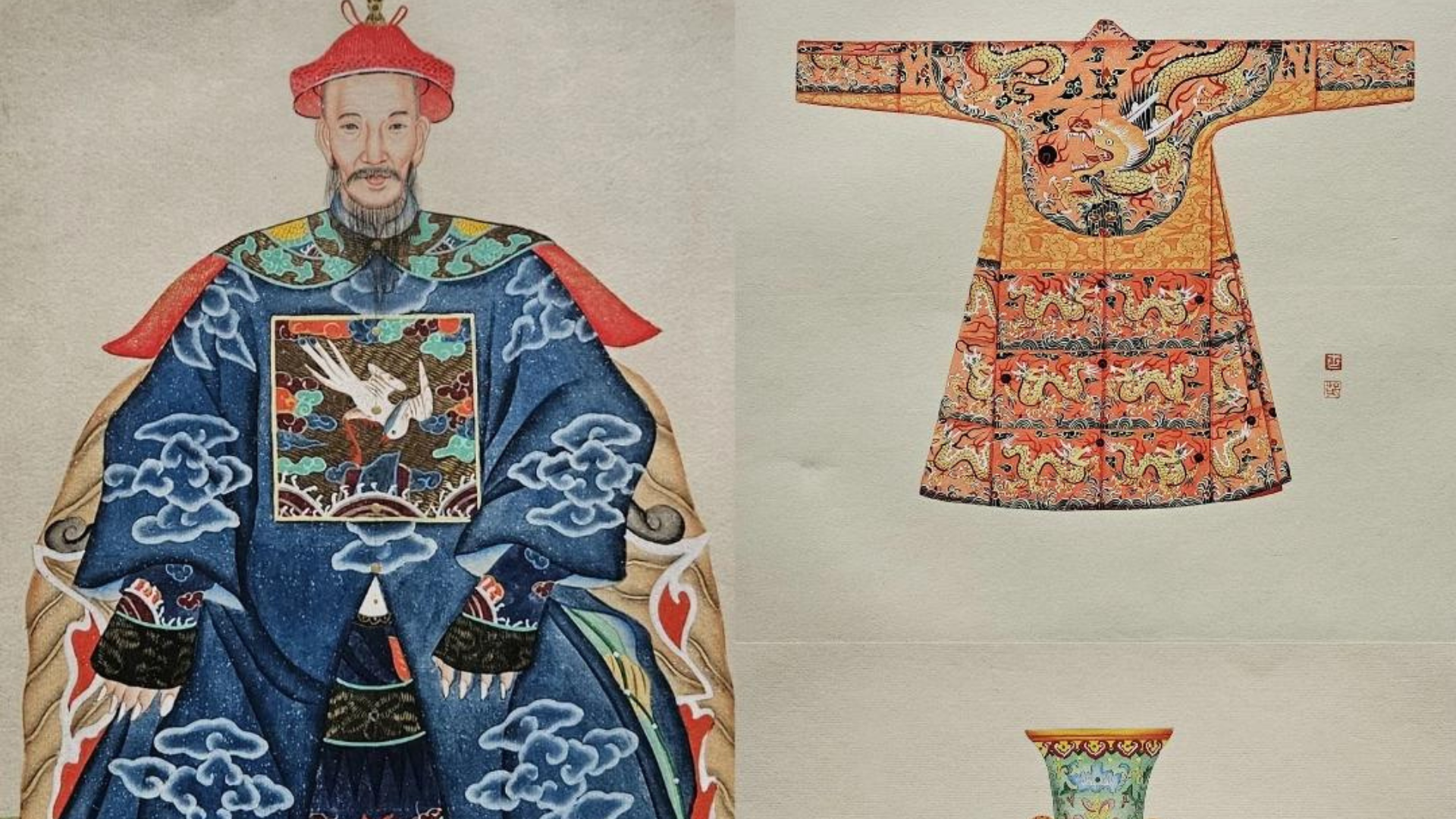 Aquarelles chinoises d’un homme, d’une robe chinoise et d’un vase.