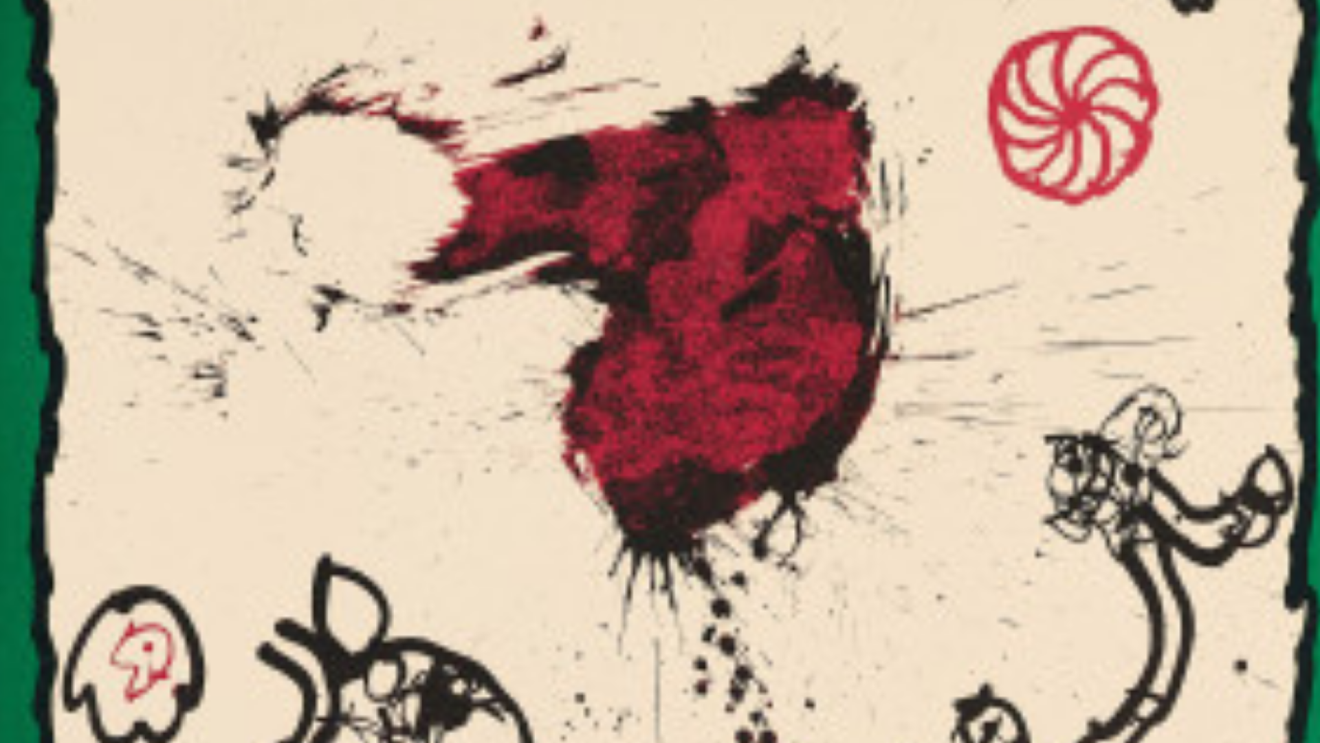 Image abstraite avec une grande tache rouge au centre et des petits dessins noirs autour sur fond clair.