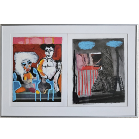 Duo d'œuvre, l'une avec deux figures et l'autre d'un paysage sombre