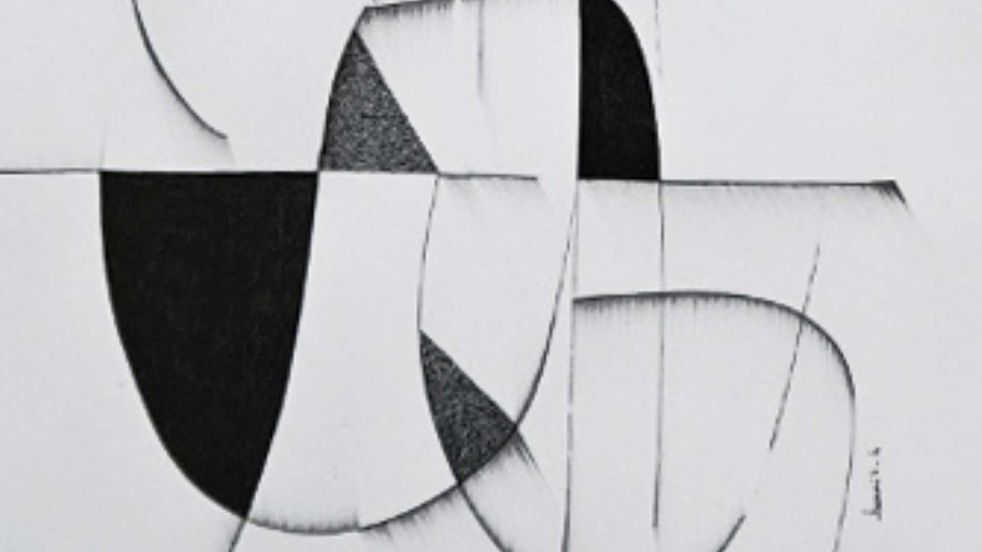 Un dessin abstrait en noir et blanc composé de formes courbes et géométriques qui s’entrelacent au centre de la page, avec des zones ombrées et des lignes fines qui se croisent.