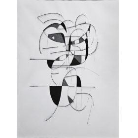 Un dessin abstrait en noir et blanc composé de formes courbes et géométriques qui s’entrelacent au centre de la page, avec des zones ombrées et des lignes fines qui se croisent.