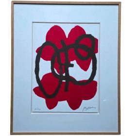 Gravure avec des formes abstraites rouges et noirs