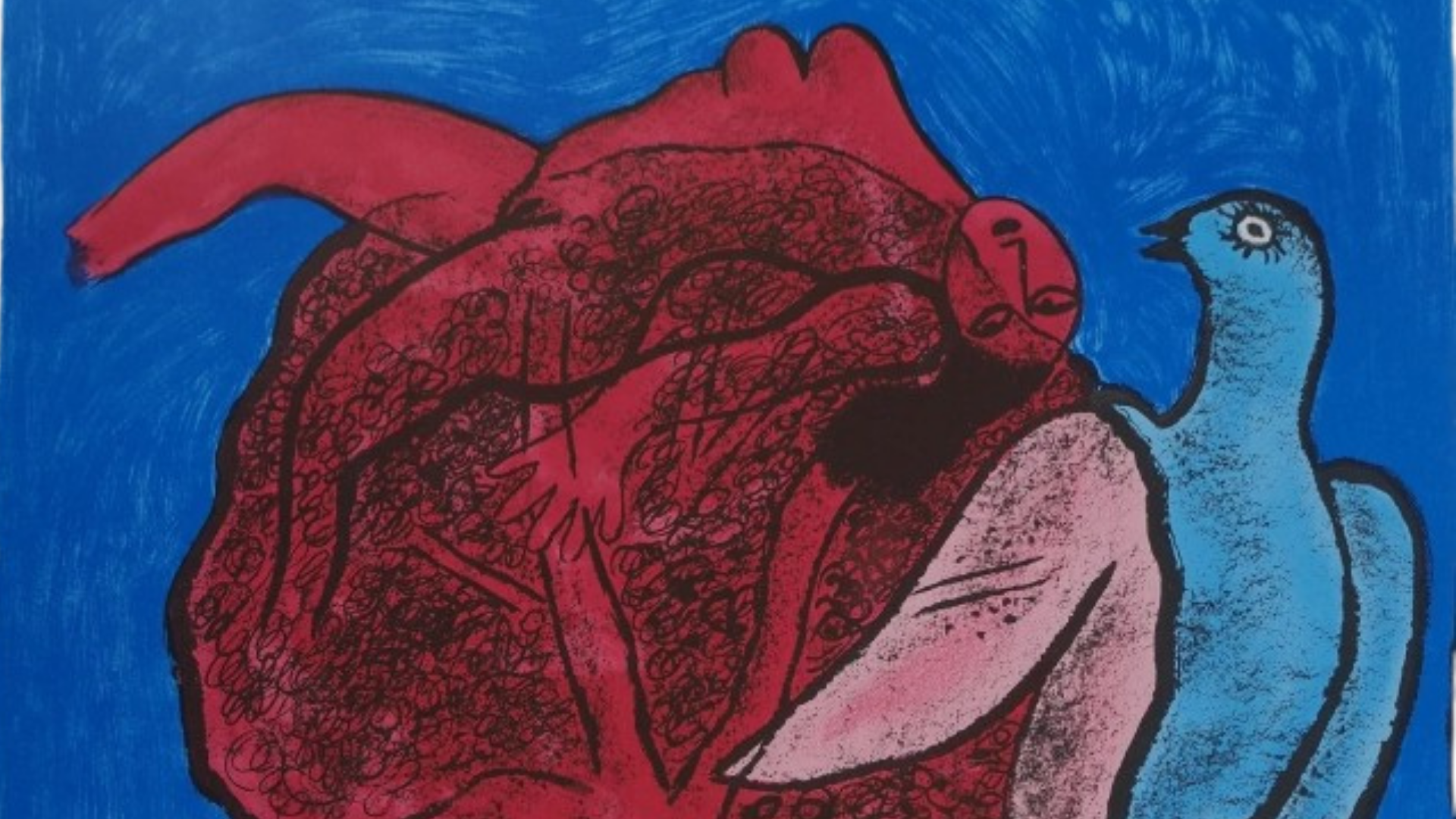 Impression colorée d'une femme sur un arbre et un oiseau bleu