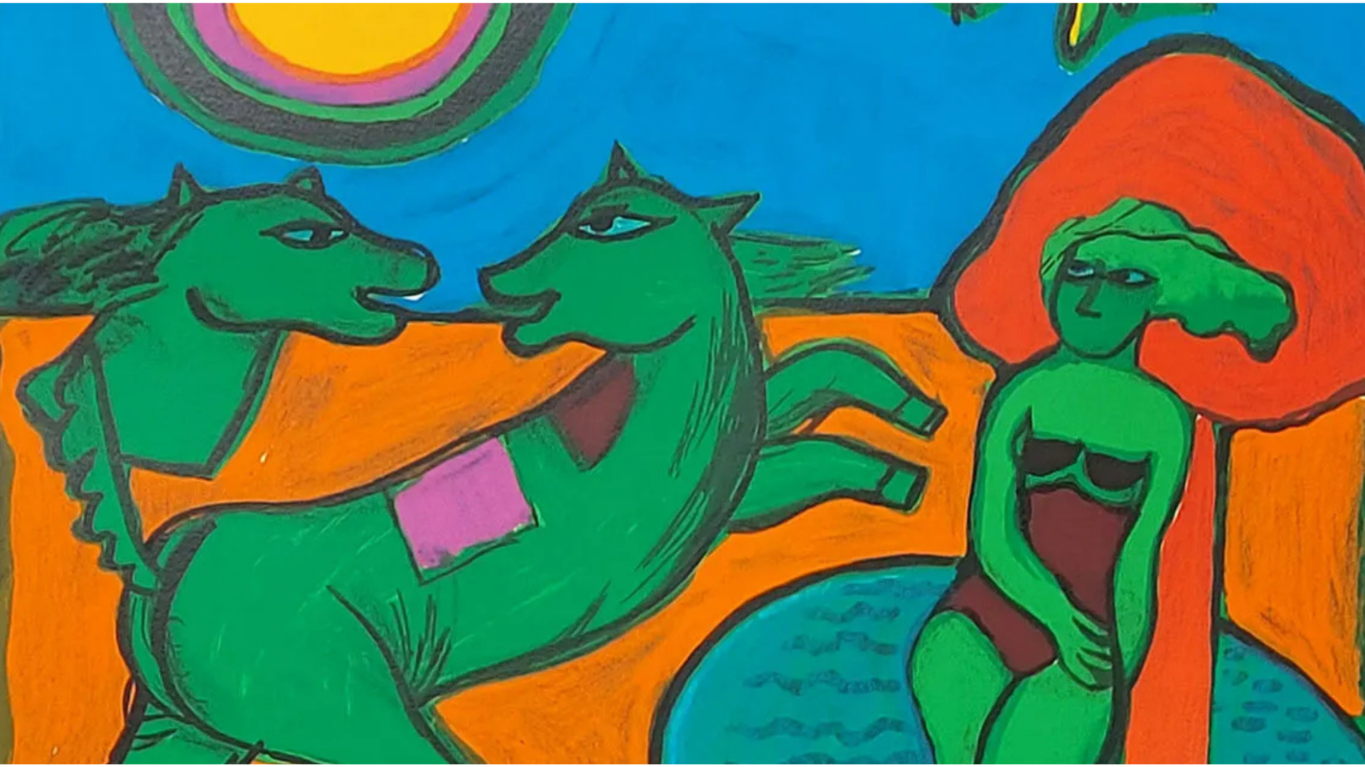 Impression colorée avec des chevaux verts, une femme, un soleil et un paysage imaginaire.