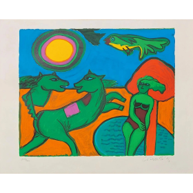 Impression colorée avec des chevaux verts, une femme, un soleil et un paysage imaginaire.