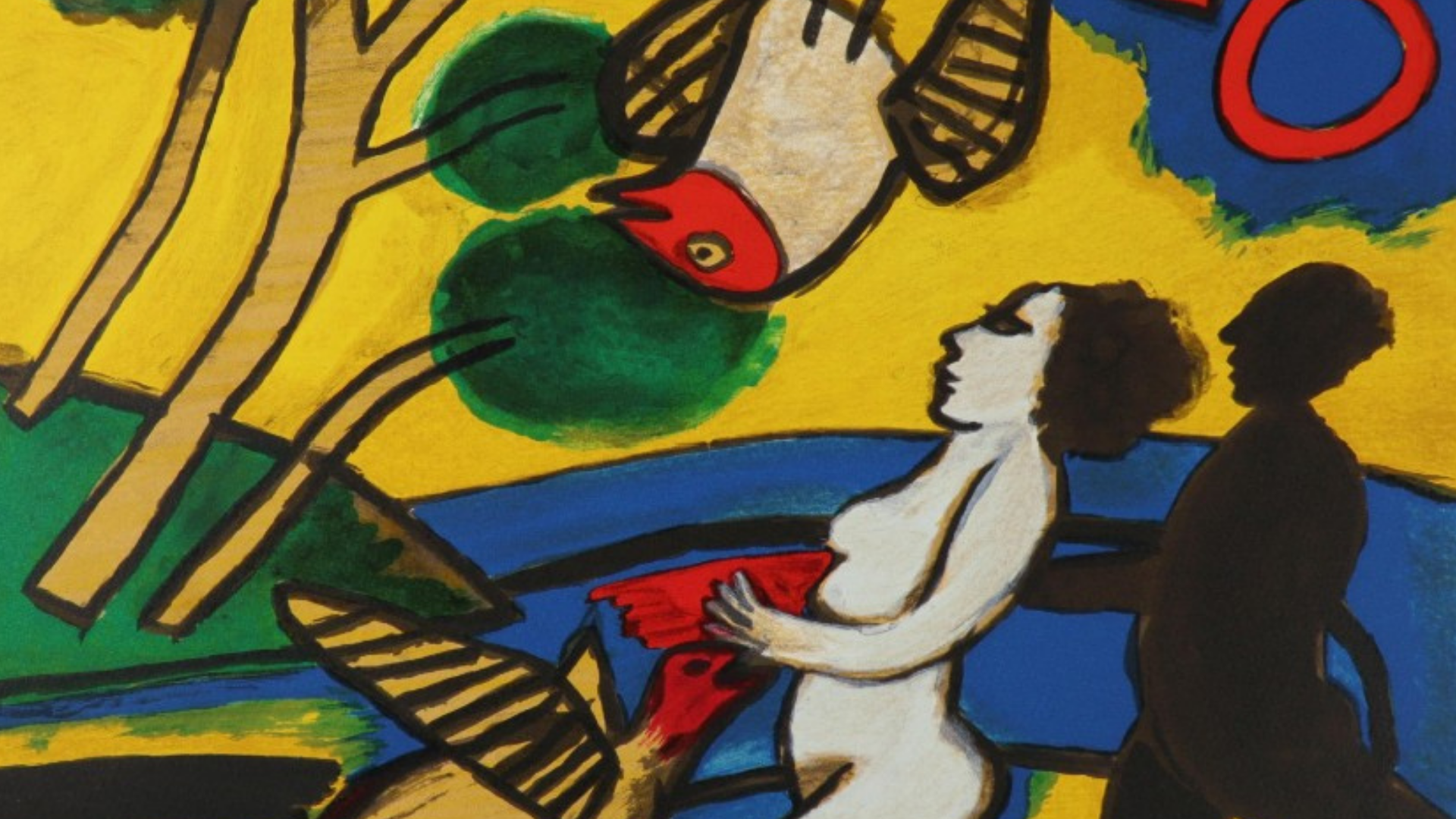 Impression colorée d'une femme, avec des oiseaux et de l'ombre