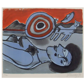 Impression colorée d'une femme bleue allongée