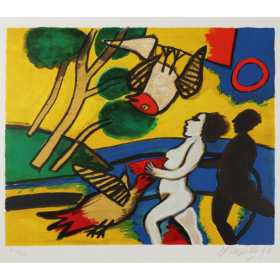 Impression colorée d'une femme, avec des oiseaux et de l'ombre