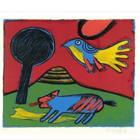 Impression colorée d'un oiseau et d'un chat