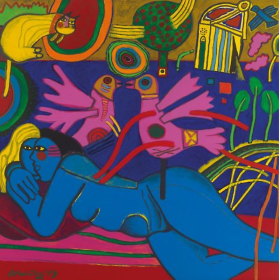 Impression colorée de deux femmes, avec des oiseaux et un chat