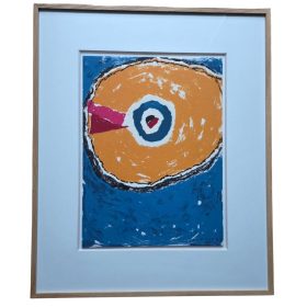 Impression de formes rondes, représentant une planète, principalement orange, sur un fond bleu.