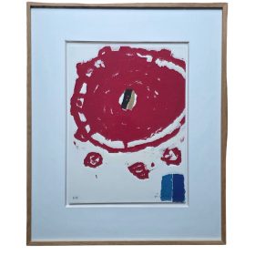 Impression de formes rondes, représentant une planète, principalement rouge, sur un fond blanc.