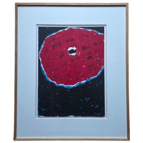 Impression de formes rondes, représentant une planète, principalement rouge, sur un fond noir.