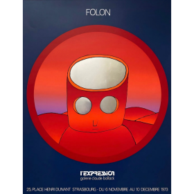 Personnage rouge à la tête en forme de tube dans un cercle sur fond bleu