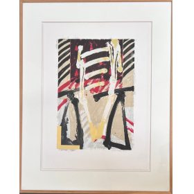 Peinture fond jaune avec traits noirs et rouges