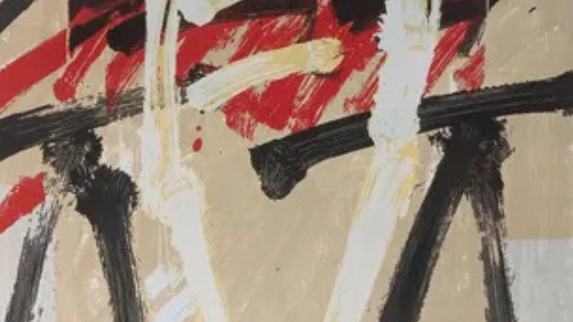 Peinture fond jaune avec traits noirs et rouges