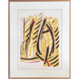 Peinture fond jaune avec traits noirs et rouges