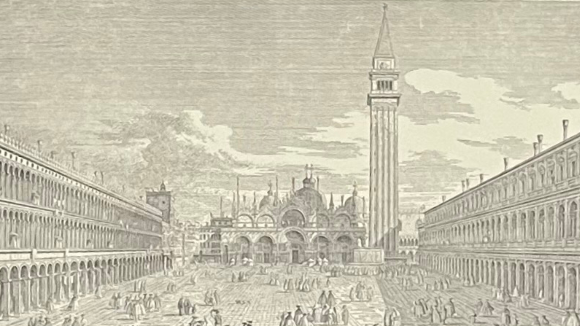 Gravure de la place Saint Marc en noir et blanc, l'architecture de la place avec l'église et des gens