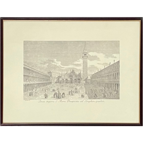 Gravure de la place Saint Marc en noir et blanc, l'architecture de la place avec l'église et des gens