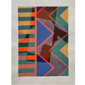 Tissu imprimé de formes triangulaires et rectangle rouge, orange, vert et jaune