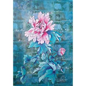 Acrylique sur billets de banque, une fleur rose sur fond leu