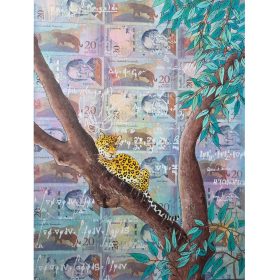 Acrylique sur billets de banque, un jaguar perché sur un arbre