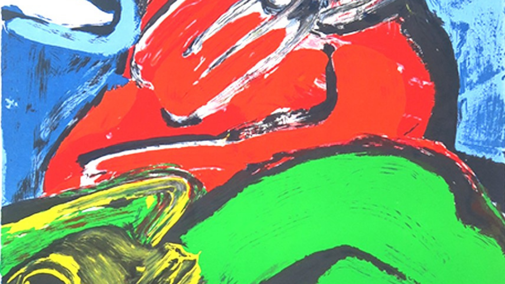 Impression colorée avec un grand corps rouge et une forme verte avec une tête d’animal, sur fond bleu.