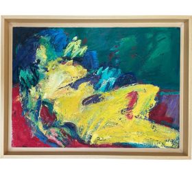 Peinture d'une femme nue en jeune, allongée sur un divan rouge