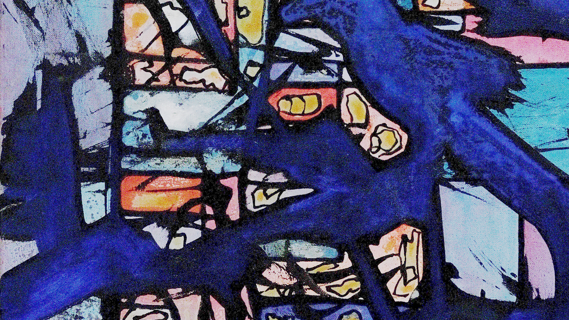 Toile abstraite avec fond multicolor, recouvert d'une tâche bleu