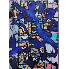 Toile abstraite avec fond multicolor, recouvert d'une tâche bleu