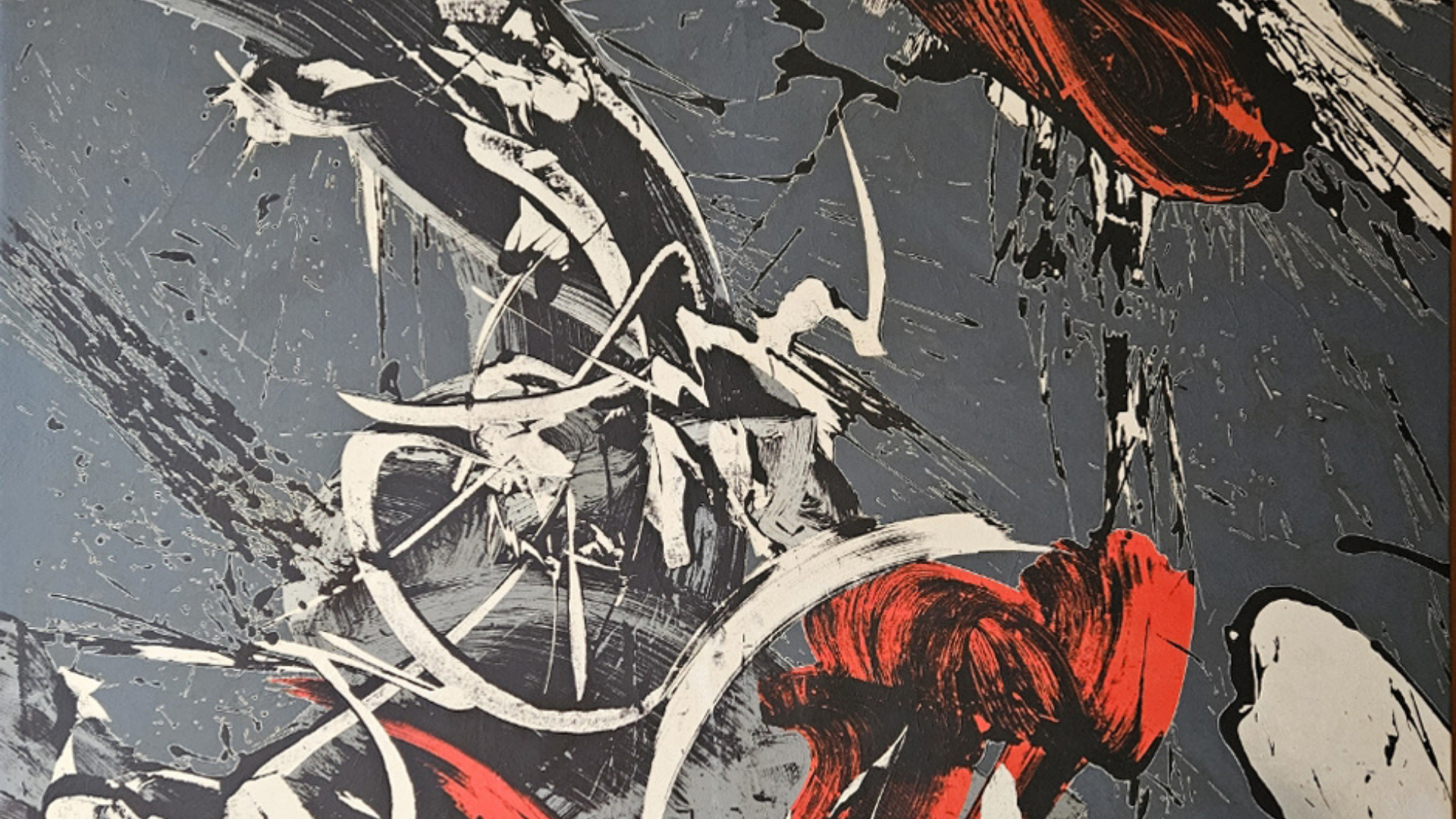 Toile abstraite avec formes rouge, noir et blanche