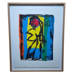 Formes noir sur fond bleu orange et jaune