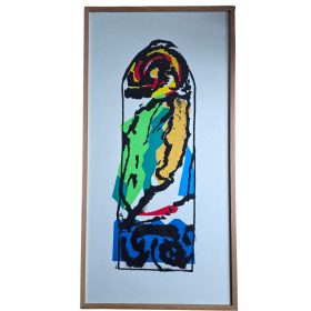 Formes noir sur fond bleu, vert, orange et jaune