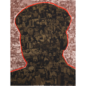 Tête d'homme sans visage sur fond de photos de portraits