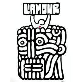 Crayon acrylique sur papier d'un personnage tenant le mot "l'amour" dans les mains