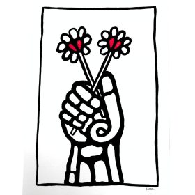 Crayon acrylique sur papier d'une main tenant des fleurs