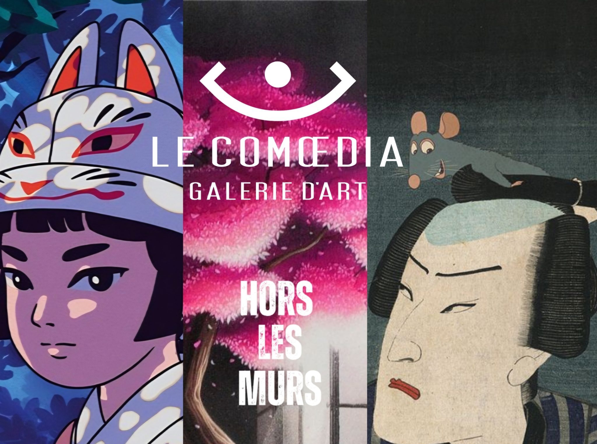 première participation de la galerie d'Art Le Comoedia au Logonna Japan Festival. L'image mntre des oeuvres de trois artistes de la galerie : Ads Libitum, Pakone et Stéphane Casier
